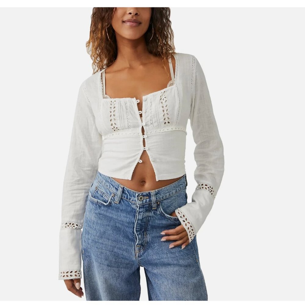 Free People Women's White Joi Eyelet Crop Long Sleeve Blouse lace size L eyelet
